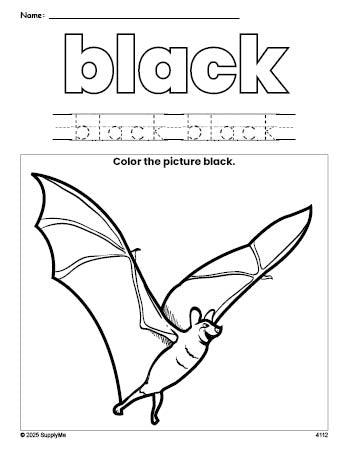 Free Halloween bat color black coloring page and color worksheet, black worksheet for preschoolers to learn colors, printable PDF