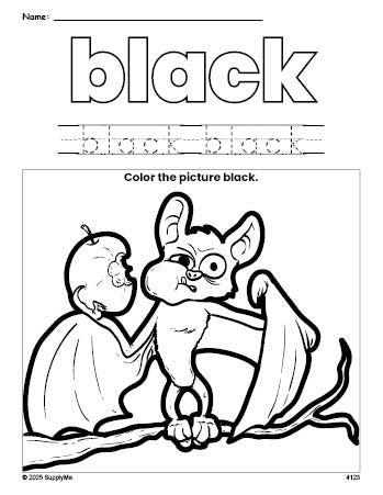 Free Halloween bat color black coloring page and color worksheet, black worksheet for preschoolers to learn colors, printable PDF