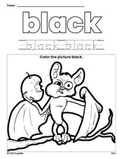 Free Halloween bat color black coloring page and color worksheet, black worksheet for preschoolers to learn colors, printable PDF