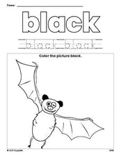 Free Halloween bat color black coloring page and color worksheet, black worksheet for preschoolers to learn colors, printable PDF