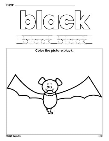 Free Halloween bat color black coloring page and color worksheet, black worksheet for preschoolers to learn colors, printable PDF