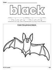 Free Halloween bat color black coloring page and color worksheet, black worksheet for preschoolers to learn colors, printable PDF