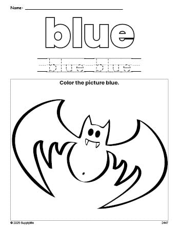 Free Halloween bat color blue coloring page and color worksheet, blue worksheet for preschoolers to learn colors, printable PDF