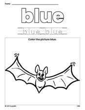 Free Halloween bat color blue coloring page and color worksheet, blue worksheet for preschoolers to learn colors, printable PDF