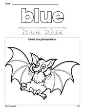 Free Halloween bat color blue coloring page and color worksheet, blue worksheet for preschoolers to learn colors, printable PDF