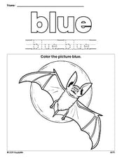 Free Halloween bat color blue coloring page and color worksheet, blue worksheet for preschoolers to learn colors, printable PDF