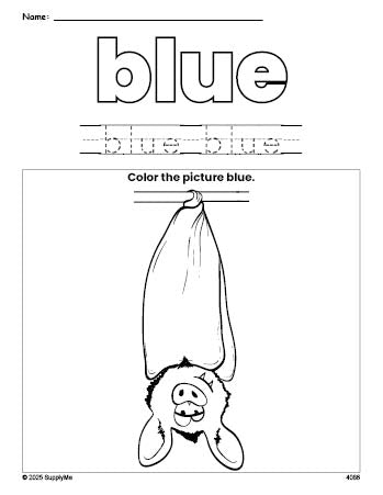 Free Halloween bat color blue coloring page and color worksheet, blue worksheet for preschoolers to learn colors, printable PDF