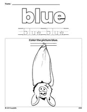 Free Halloween bat color blue coloring page and color worksheet, blue worksheet for preschoolers to learn colors, printable PDF