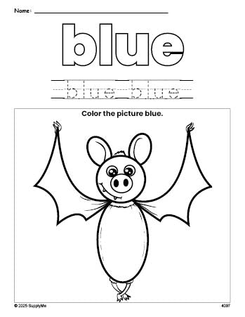 Free Halloween bat color blue coloring page and color worksheet, blue worksheet for preschoolers to learn colors, printable PDF