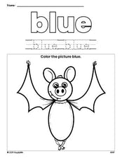 Free Halloween bat color blue coloring page and color worksheet, blue worksheet for preschoolers to learn colors, printable PDF