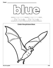 Free Halloween bat color blue coloring page and color worksheet, blue worksheet for preschoolers to learn colors, printable PDF