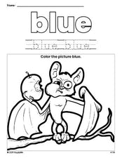 Free Halloween bat color blue coloring page and color worksheet, blue worksheet for preschoolers to learn colors, printable PDF