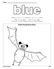 Free Halloween bat color blue coloring page and color worksheet, blue worksheet for preschoolers to learn colors, printable PDF