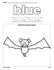 Free Halloween bat color blue coloring page and color worksheet, blue worksheet for preschoolers to learn colors, printable PDF