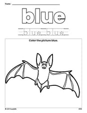 Free Halloween bat color blue coloring page and color worksheet, blue worksheet for preschoolers to learn colors, printable PDF