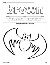 Free Halloween bat color brown coloring page and color worksheet, brown worksheet for preschoolers to learn colors, printable PDF