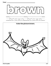 Free Halloween bat color brown coloring page and color worksheet, brown worksheet for preschoolers to learn colors, printable PDF