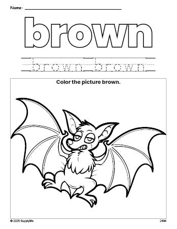 Free Halloween bat color brown coloring page and color worksheet, brown worksheet for preschoolers to learn colors, printable PDF