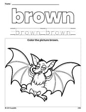 Free Halloween bat color brown coloring page and color worksheet, brown worksheet for preschoolers to learn colors, printable PDF