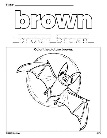 Free Halloween bat color brown coloring page and color worksheet, brown worksheet for preschoolers to learn colors, printable PDF