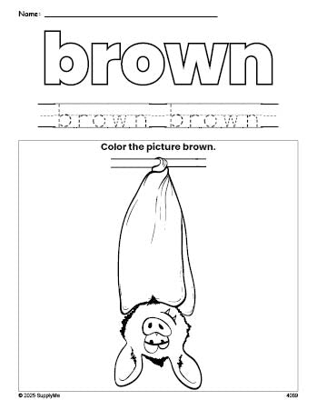 Free Halloween bat color brown coloring page and color worksheet, brown worksheet for preschoolers to learn colors, printable PDF