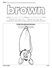 Free Halloween bat color brown coloring page and color worksheet, brown worksheet for preschoolers to learn colors, printable PDF