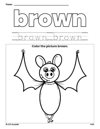 Free Halloween bat color brown coloring page and color worksheet, brown worksheet for preschoolers to learn colors, printable PDF