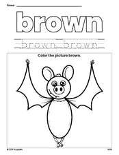 Free Halloween bat color brown coloring page and color worksheet, brown worksheet for preschoolers to learn colors, printable PDF