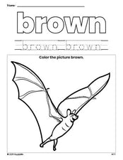 Free Halloween bat color brown coloring page and color worksheet, brown worksheet for preschoolers to learn colors, printable PDF