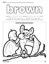 Free Halloween bat color brown coloring page and color worksheet, brown worksheet for preschoolers to learn colors, printable PDF