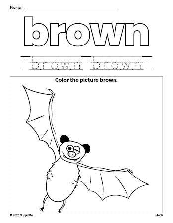 Free Halloween bat color brown coloring page and color worksheet, brown worksheet for preschoolers to learn colors, printable PDF