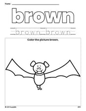 Free Halloween bat color brown coloring page and color worksheet, brown worksheet for preschoolers to learn colors, printable PDF