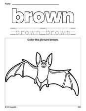 Free Halloween bat color brown coloring page and color worksheet, brown worksheet for preschoolers to learn colors, printable PDF