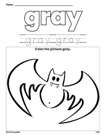 Free Halloween bat color gray coloring page and color worksheet, gray worksheet for preschoolers to learn colors, printable PDF