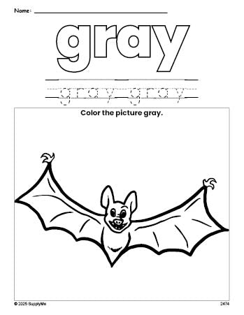 Free Halloween bat color gray coloring page and color worksheet, gray worksheet for preschoolers to learn colors, printable PDF