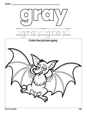 Free Halloween bat color gray coloring page and color worksheet, gray worksheet for preschoolers to learn colors, printable PDF