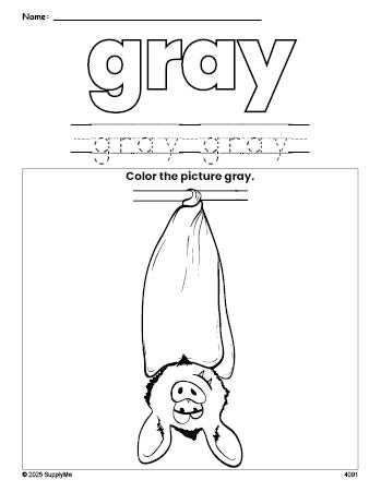 Free Halloween bat color gray coloring page and color worksheet, gray worksheet for preschoolers to learn colors, printable PDF