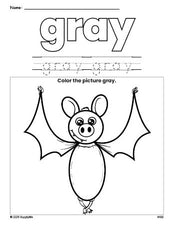 Free Halloween bat color gray coloring page and color worksheet, gray worksheet for preschoolers to learn colors, printable PDF