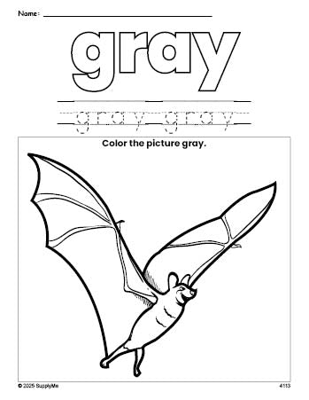 Free Halloween bat color gray coloring page and color worksheet, gray worksheet for preschoolers to learn colors, printable PDF