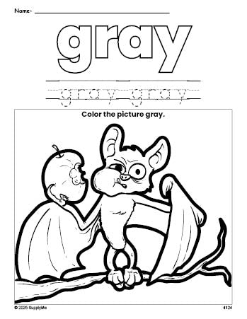 Free Halloween bat color gray coloring page and color worksheet, gray worksheet for preschoolers to learn colors, printable PDF