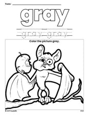 Free Halloween bat color gray coloring page and color worksheet, gray worksheet for preschoolers to learn colors, printable PDF