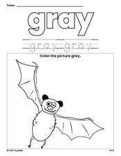 Free Halloween bat color gray coloring page and color worksheet, gray worksheet for preschoolers to learn colors, printable PDF