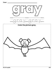 Free Halloween bat color gray coloring page and color worksheet, gray worksheet for preschoolers to learn colors, printable PDF