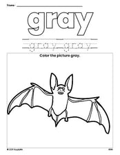 Free Halloween bat color gray coloring page and color worksheet, gray worksheet for preschoolers to learn colors, printable PDF