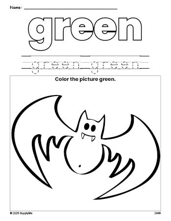 Free Halloween bat color green coloring page and color worksheet, green worksheet for preschoolers to learn colors, printable PDF