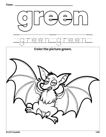 Free Halloween bat color green coloring page and color worksheet, green worksheet for preschoolers to learn colors, printable PDF