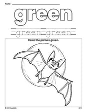 Free Halloween bat color green coloring page and color worksheet, green worksheet for preschoolers to learn colors, printable PDF