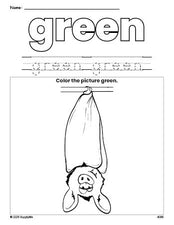 Free Halloween bat color green coloring page and color worksheet, green worksheet for preschoolers to learn colors, printable PDF