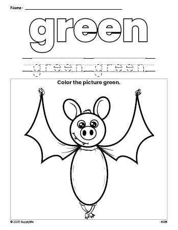 Free Halloween bat color green coloring page and color worksheet, green worksheet for preschoolers to learn colors, printable PDF