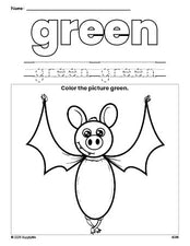 Free Halloween bat color green coloring page and color worksheet, green worksheet for preschoolers to learn colors, printable PDF